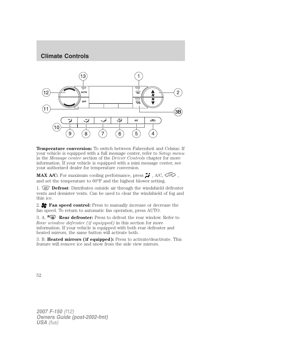 Climate controls | FORD 2007 F-150 v.1 User Manual | Page 52 / 344