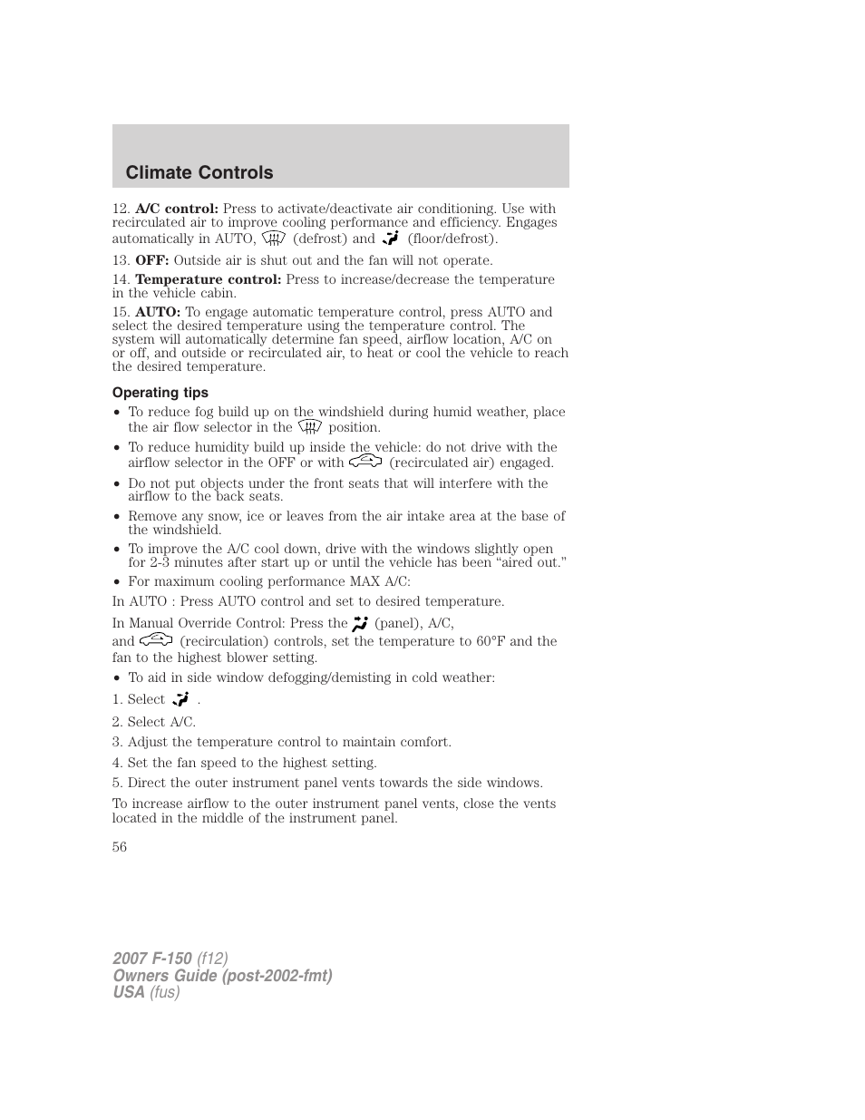 Operating tips, Climate controls | FORD 2007 F-150 v.1 User Manual | Page 56 / 344