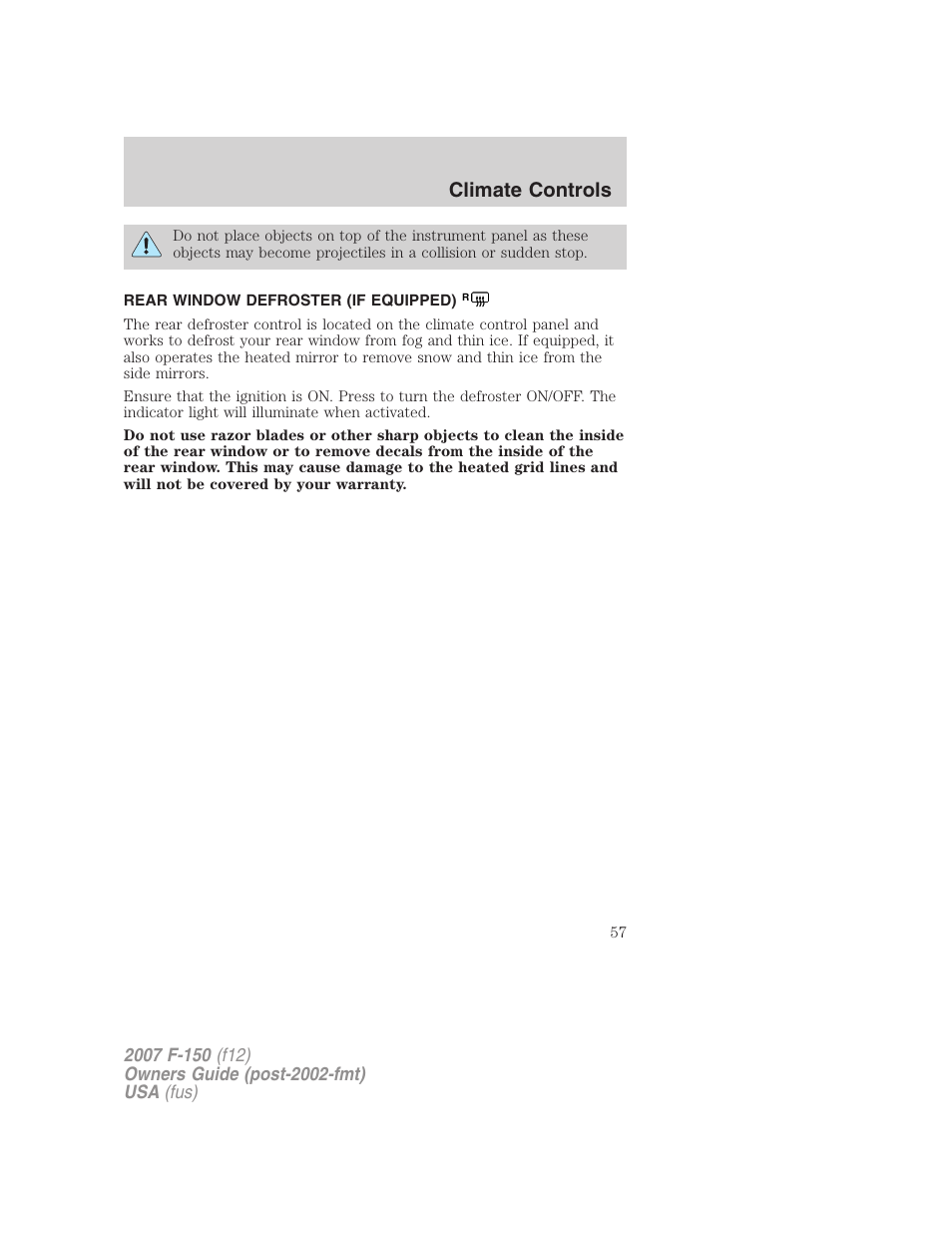 Rear window defroster (if equipped), Rear window defroster, Climate controls | FORD 2007 F-150 v.1 User Manual | Page 57 / 344