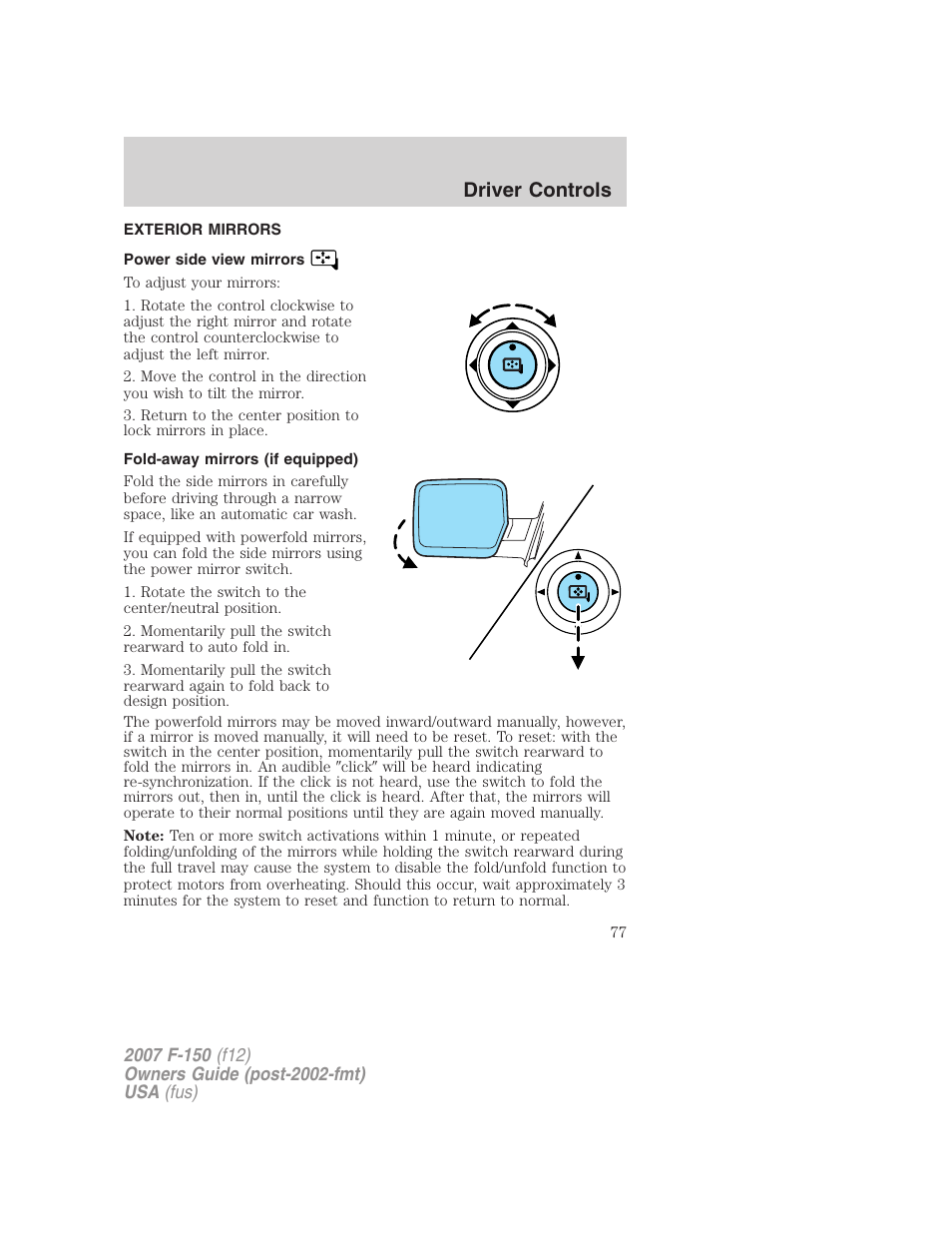 Exterior mirrors, Power side view mirrors, Fold-away mirrors (if equipped) | Mirrors, Driver controls | FORD 2007 F-150 v.1 User Manual | Page 77 / 344