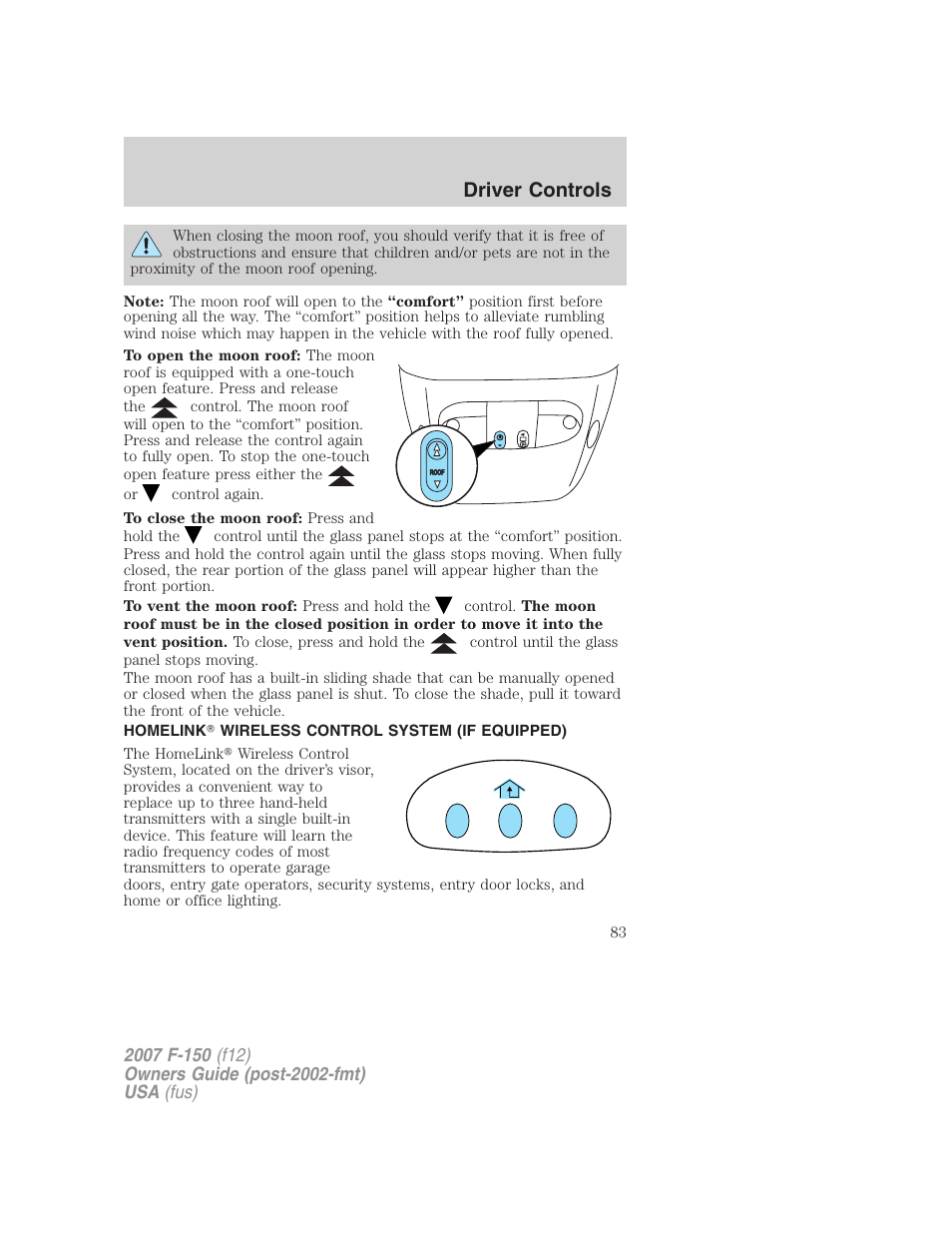 Homelink wireless control system (if equipped), Driver controls | FORD 2007 F-150 v.1 User Manual | Page 83 / 344