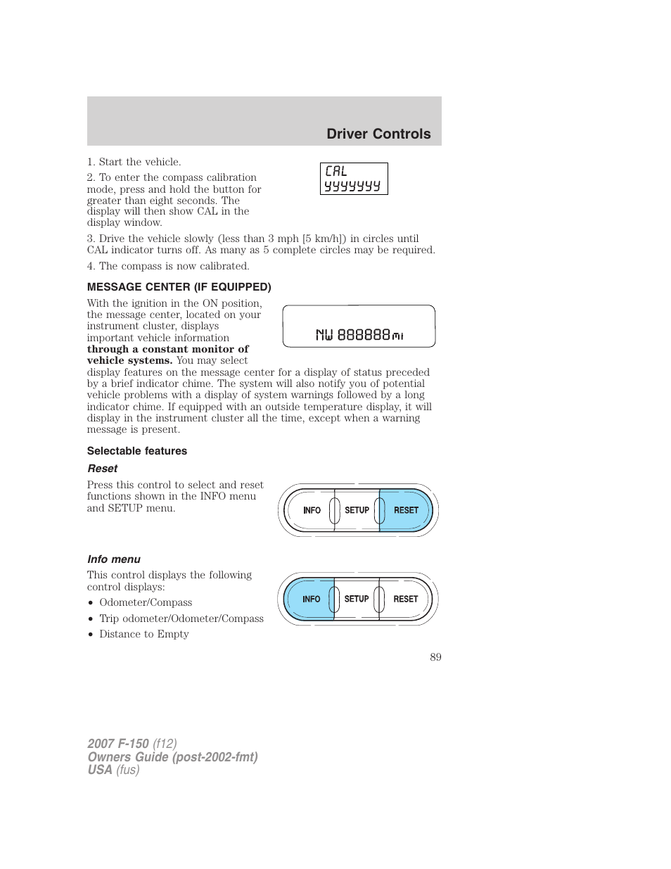Message center (if equipped), Selectable features, Reset | Info menu, Message center, Driver controls | FORD 2007 F-150 v.1 User Manual | Page 89 / 344