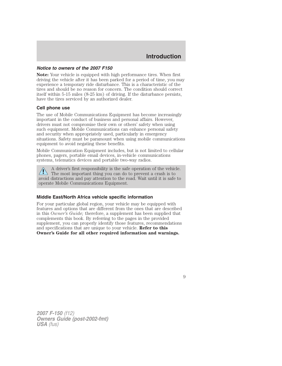 Notice to owners of the 2007 f150, Cell phone use, Introduction | FORD 2007 F-150 v.1 User Manual | Page 9 / 344