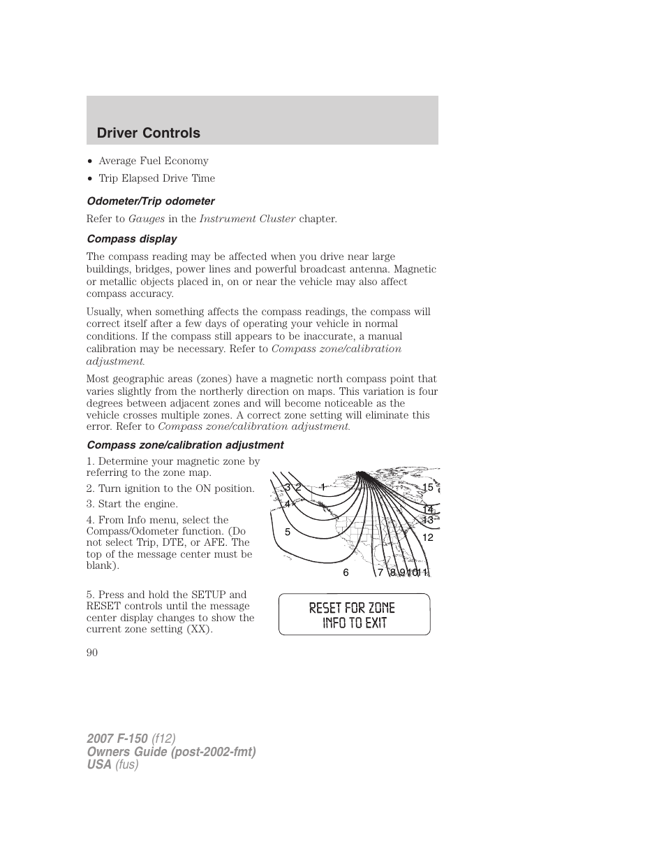Odometer/trip odometer, Compass display, Compass zone/calibration adjustment | Driver controls | FORD 2007 F-150 v.1 User Manual | Page 90 / 344