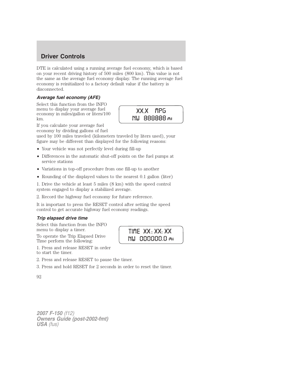 Average fuel economy (afe), Trip elapsed drive time, Driver controls | FORD 2007 F-150 v.1 User Manual | Page 92 / 344