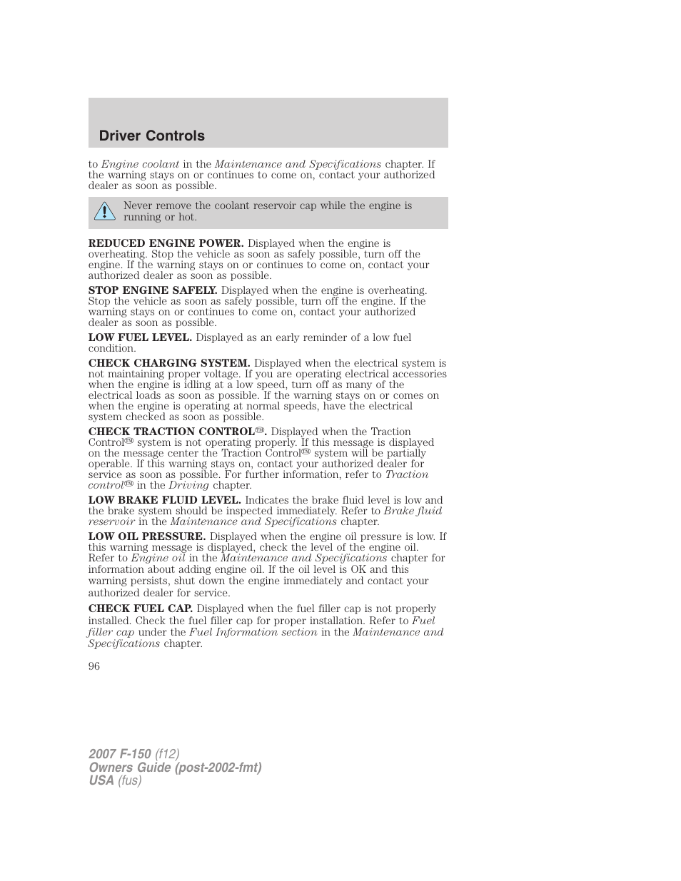 Driver controls | FORD 2007 F-150 v.1 User Manual | Page 96 / 344