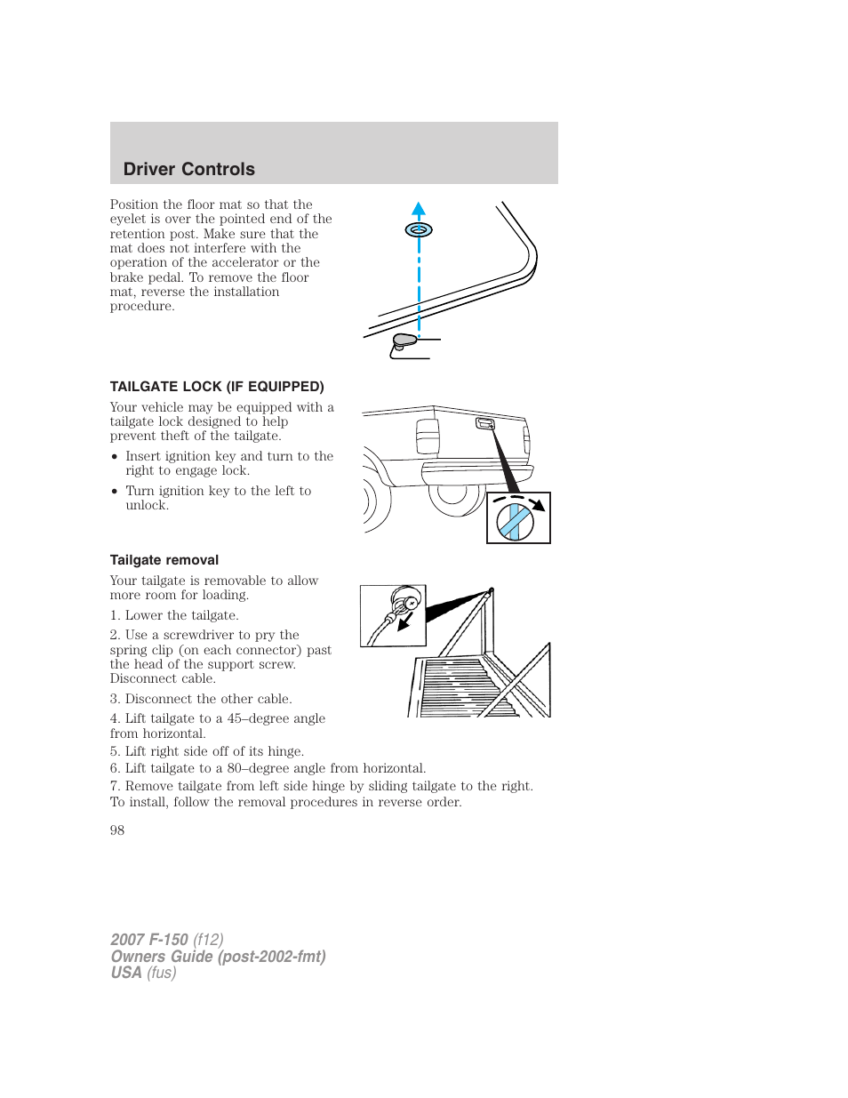 Tailgate lock (if equipped), Tailgate removal, Tailgate | Driver controls | FORD 2007 F-150 v.1 User Manual | Page 98 / 344