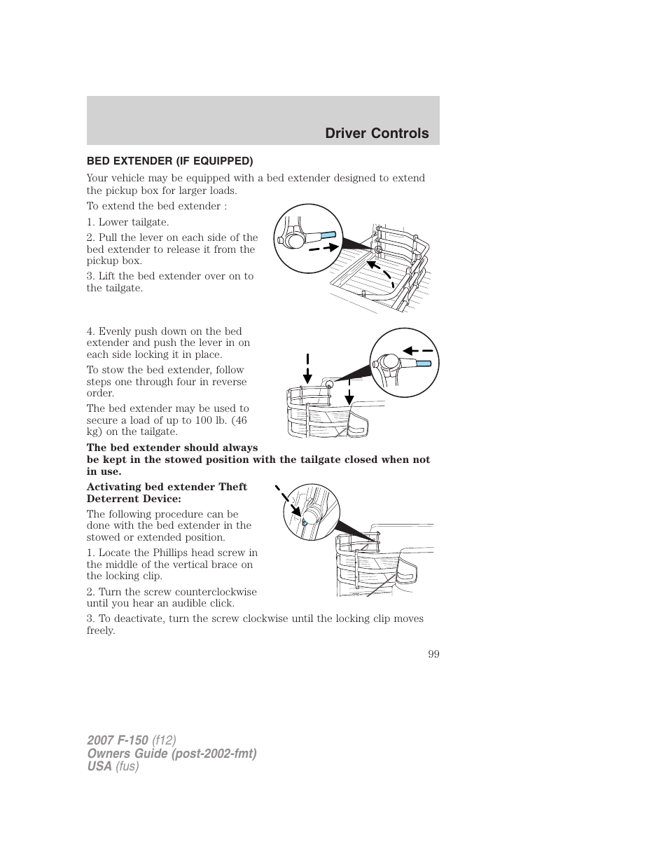 Bed extender (if equipped), Driver controls | FORD 2007 F-150 v.1 User Manual | Page 99 / 344