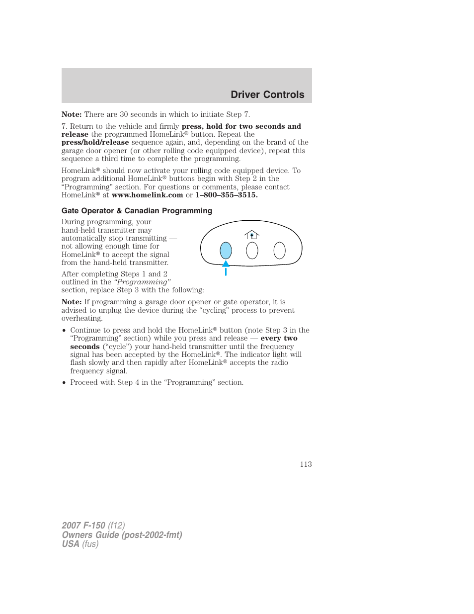 Gate operator & canadian programming, Driver controls | FORD 2007 F-150 v.2 User Manual | Page 113 / 368