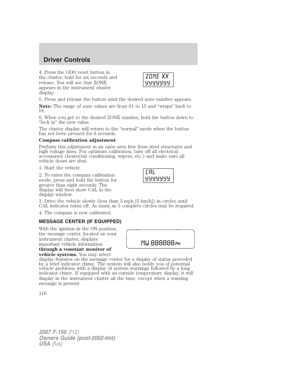 Message center (if equipped), Message center, Driver controls | FORD 2007 F-150 v.2 User Manual | Page 116 / 368