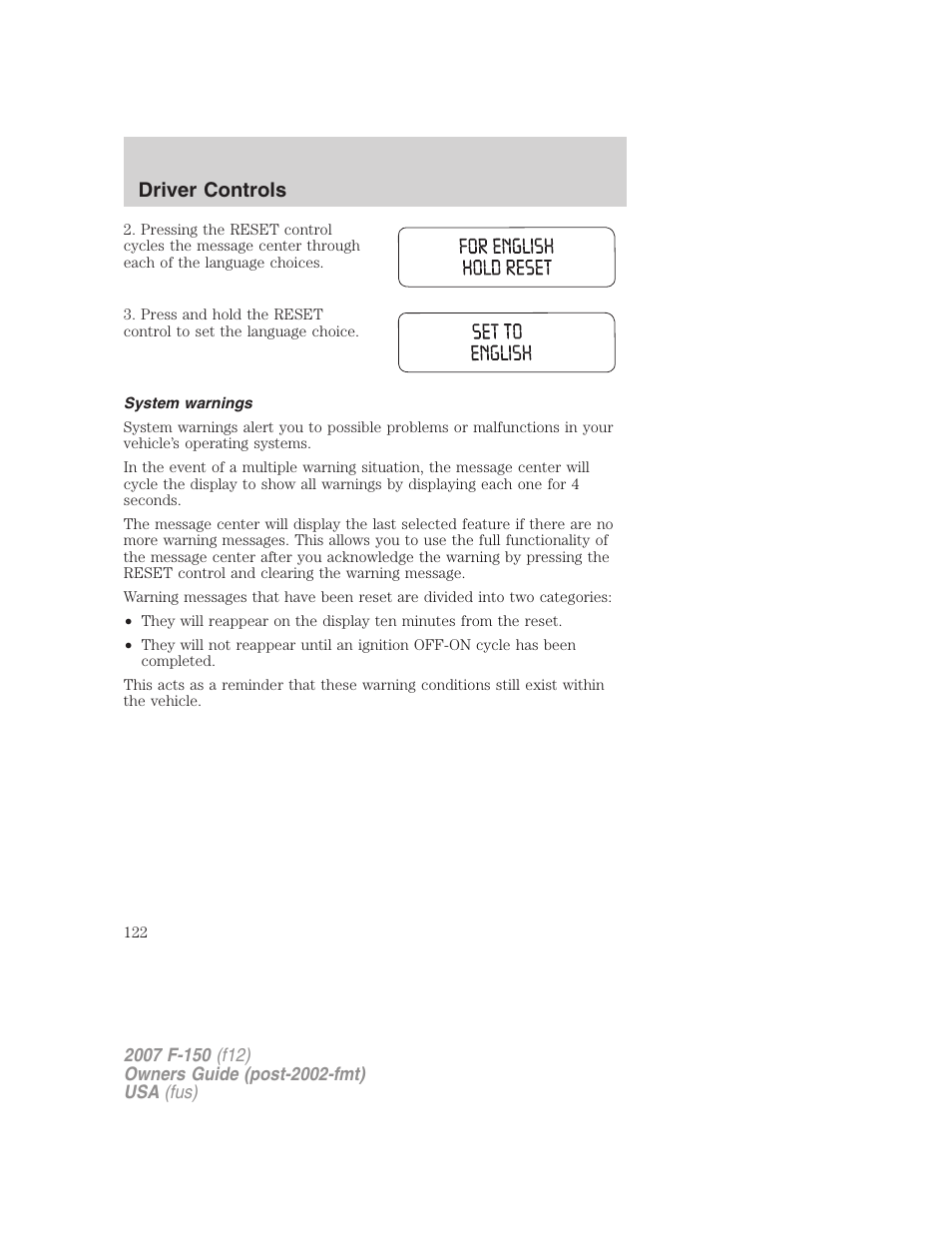 System warnings, Driver controls | FORD 2007 F-150 v.2 User Manual | Page 122 / 368