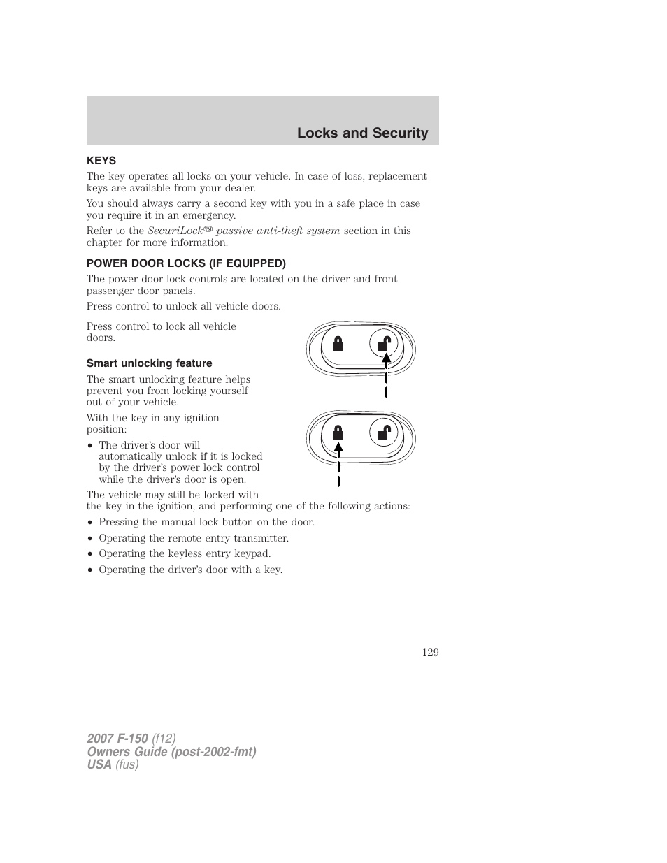 Locks and security, Keys, Power door locks (if equipped) | Smart unlocking feature, Locks | FORD 2007 F-150 v.2 User Manual | Page 129 / 368