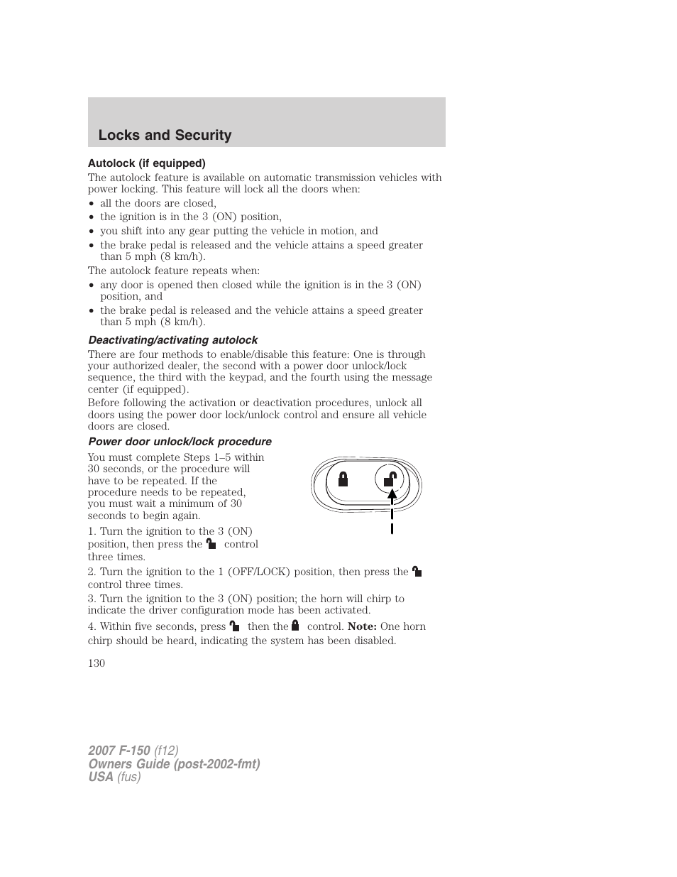 Autolock (if equipped), Deactivating/activating autolock, Power door unlock/lock procedure | Locks and security | FORD 2007 F-150 v.2 User Manual | Page 130 / 368