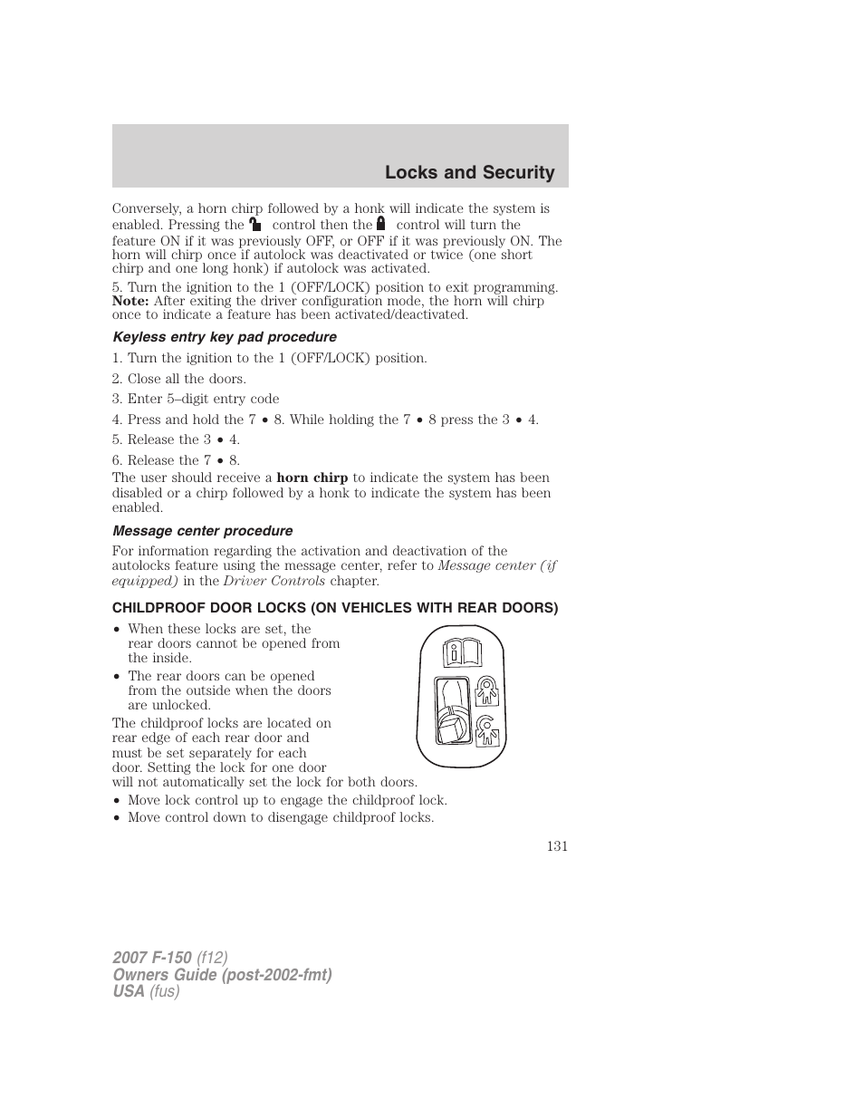 Keyless entry key pad procedure, Message center procedure, Locks and security | FORD 2007 F-150 v.2 User Manual | Page 131 / 368