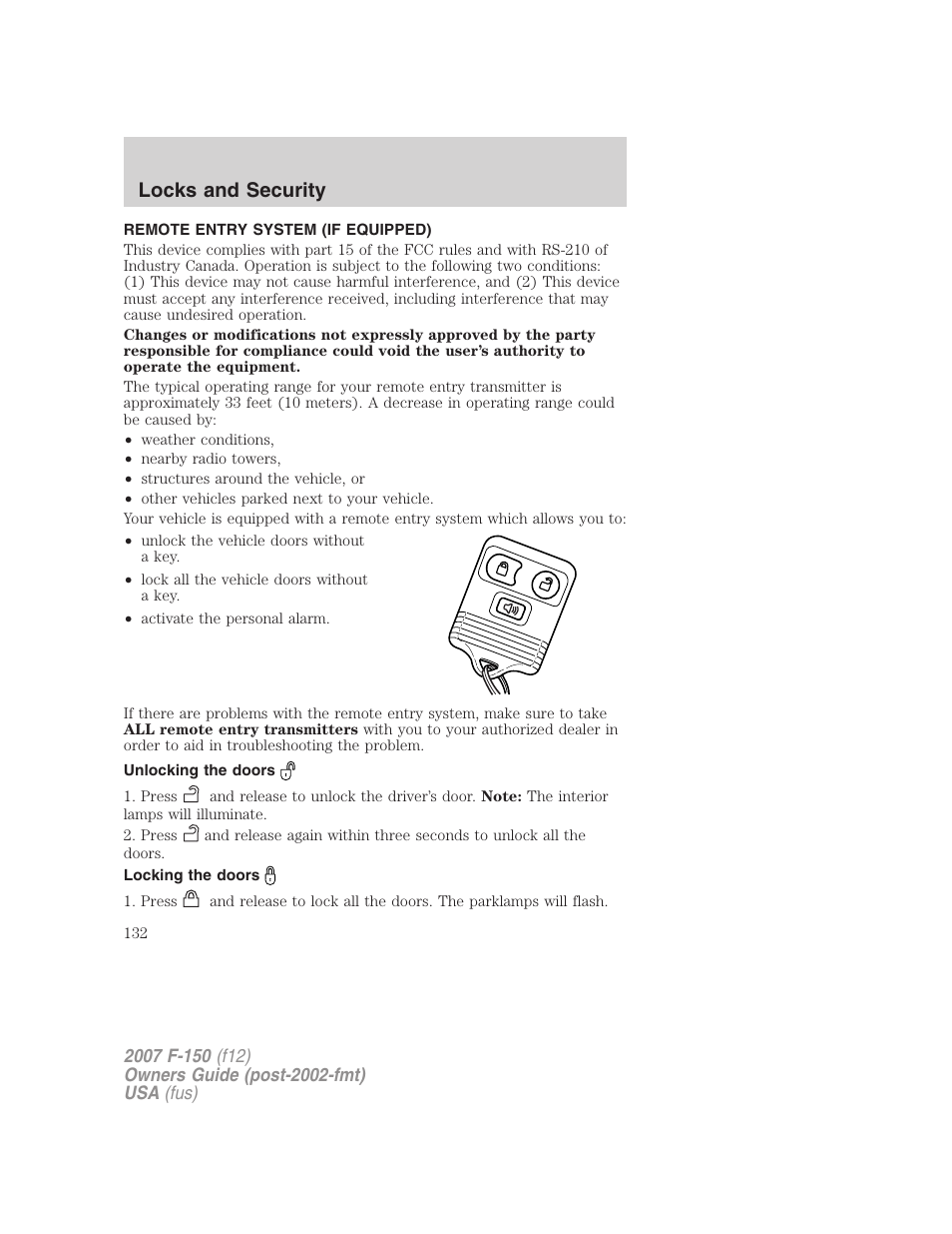 Remote entry system (if equipped), Unlocking the doors, Locking the doors | Locks and security | FORD 2007 F-150 v.2 User Manual | Page 132 / 368