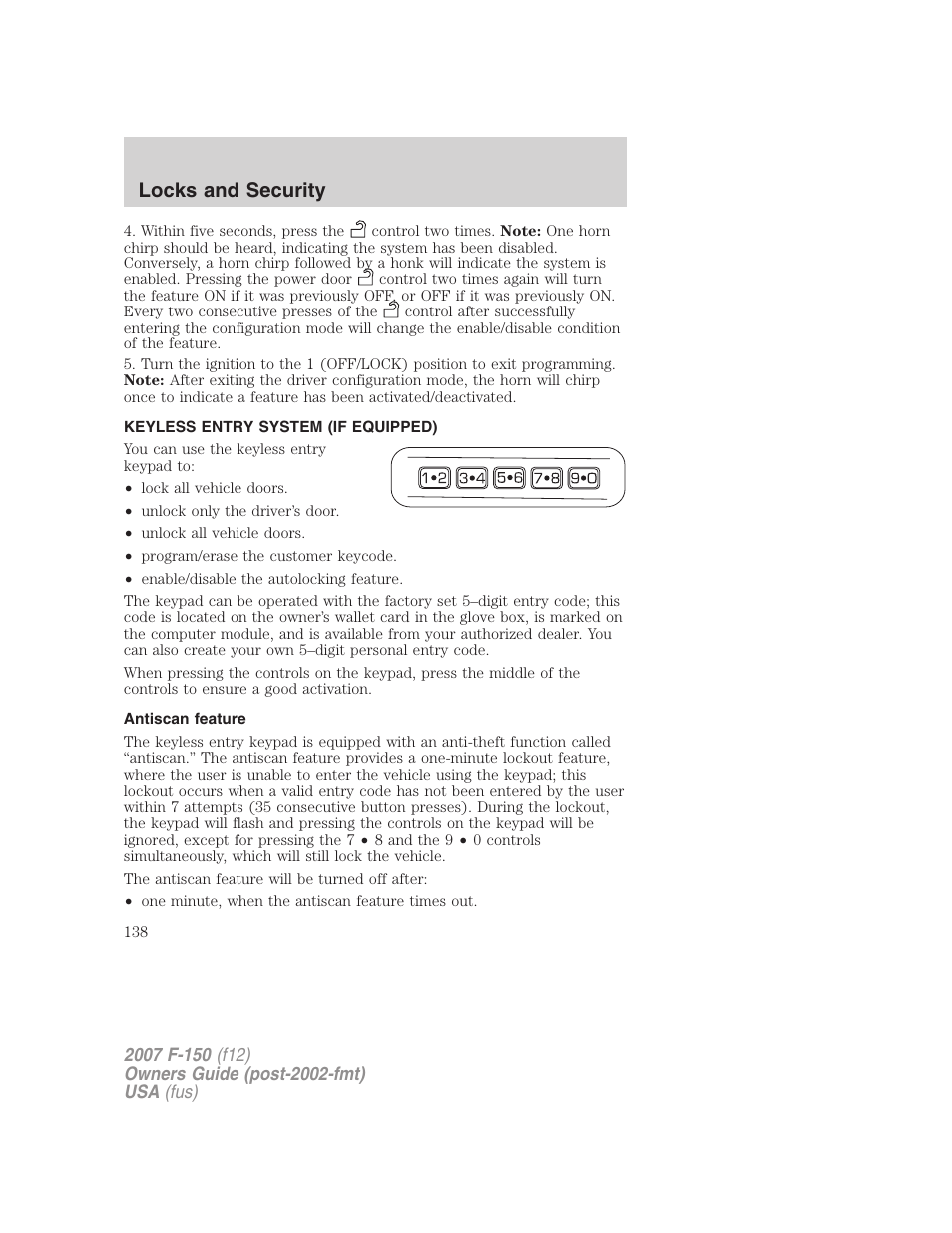 Keyless entry system (if equipped), Antiscan feature, Locks and security | FORD 2007 F-150 v.2 User Manual | Page 138 / 368