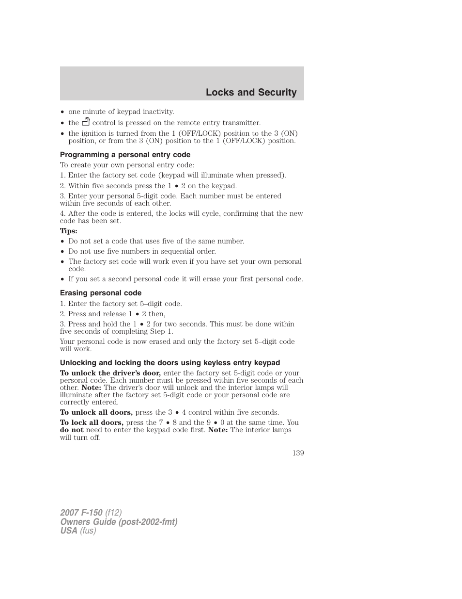 Programming a personal entry code, Erasing personal code, Locks and security | FORD 2007 F-150 v.2 User Manual | Page 139 / 368