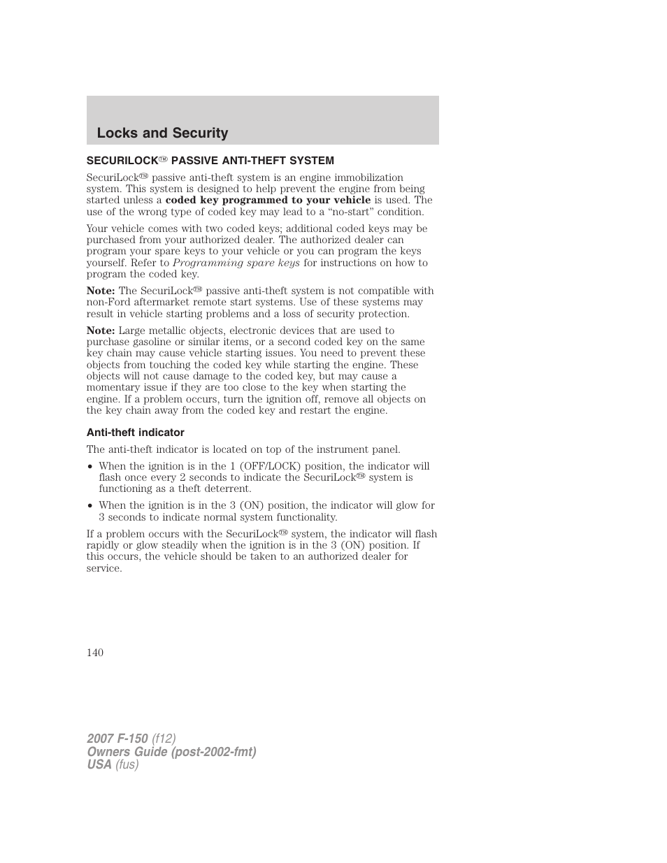 Securilock passive anti-theft system, Anti-theft indicator, Anti-theft system | Locks and security | FORD 2007 F-150 v.2 User Manual | Page 140 / 368