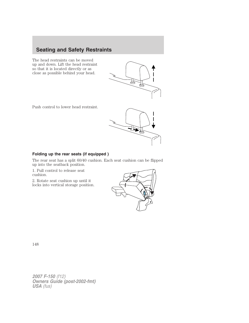 Folding up the rear seats (if equipped ), Seating and safety restraints | FORD 2007 F-150 v.2 User Manual | Page 148 / 368