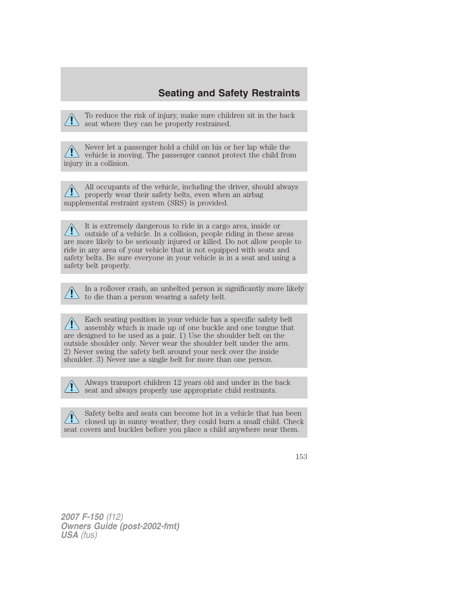 Seating and safety restraints | FORD 2007 F-150 v.2 User Manual | Page 153 / 368