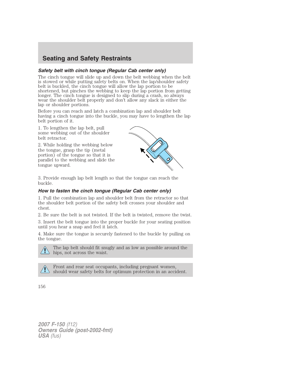 Seating and safety restraints | FORD 2007 F-150 v.2 User Manual | Page 156 / 368