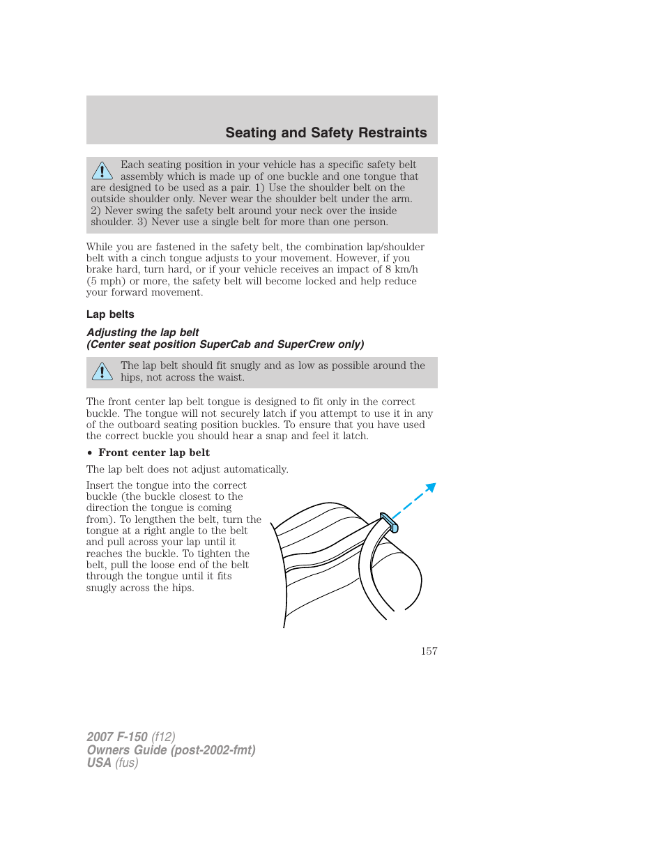 Lap belts, Seating and safety restraints | FORD 2007 F-150 v.2 User Manual | Page 157 / 368