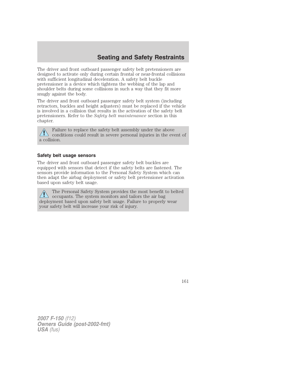 Safety belt usage sensors, Seating and safety restraints | FORD 2007 F-150 v.2 User Manual | Page 161 / 368