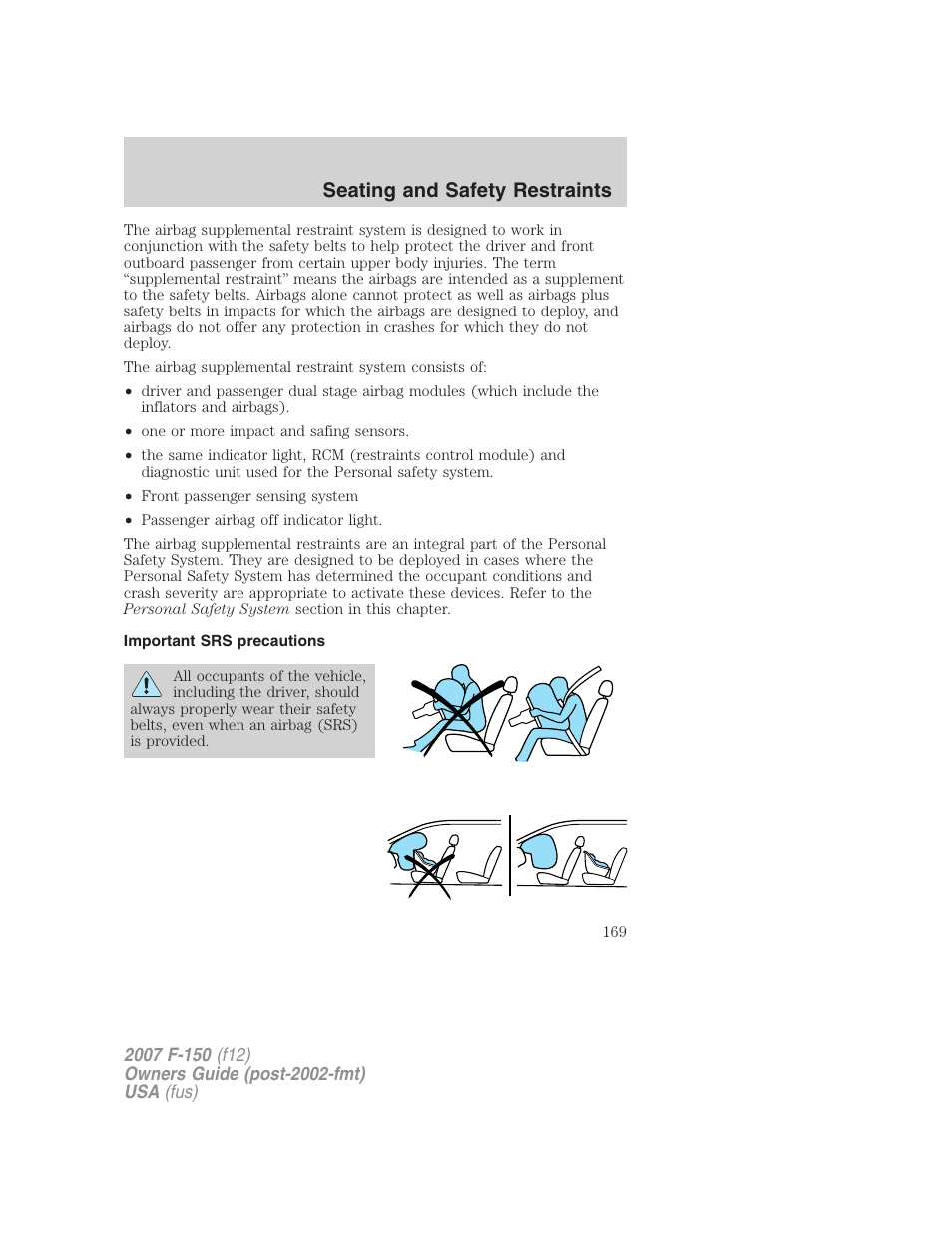 Important srs precautions, Seating and safety restraints | FORD 2007 F-150 v.2 User Manual | Page 169 / 368