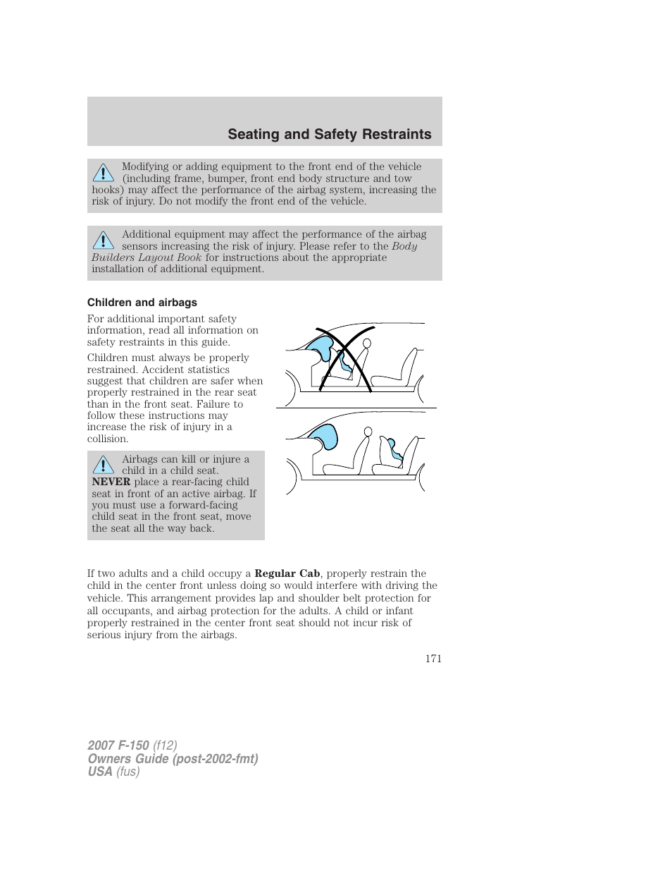 Children and airbags, Seating and safety restraints | FORD 2007 F-150 v.2 User Manual | Page 171 / 368