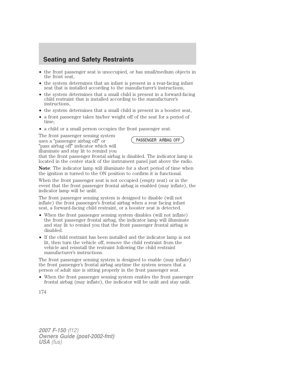 Seating and safety restraints | FORD 2007 F-150 v.2 User Manual | Page 174 / 368