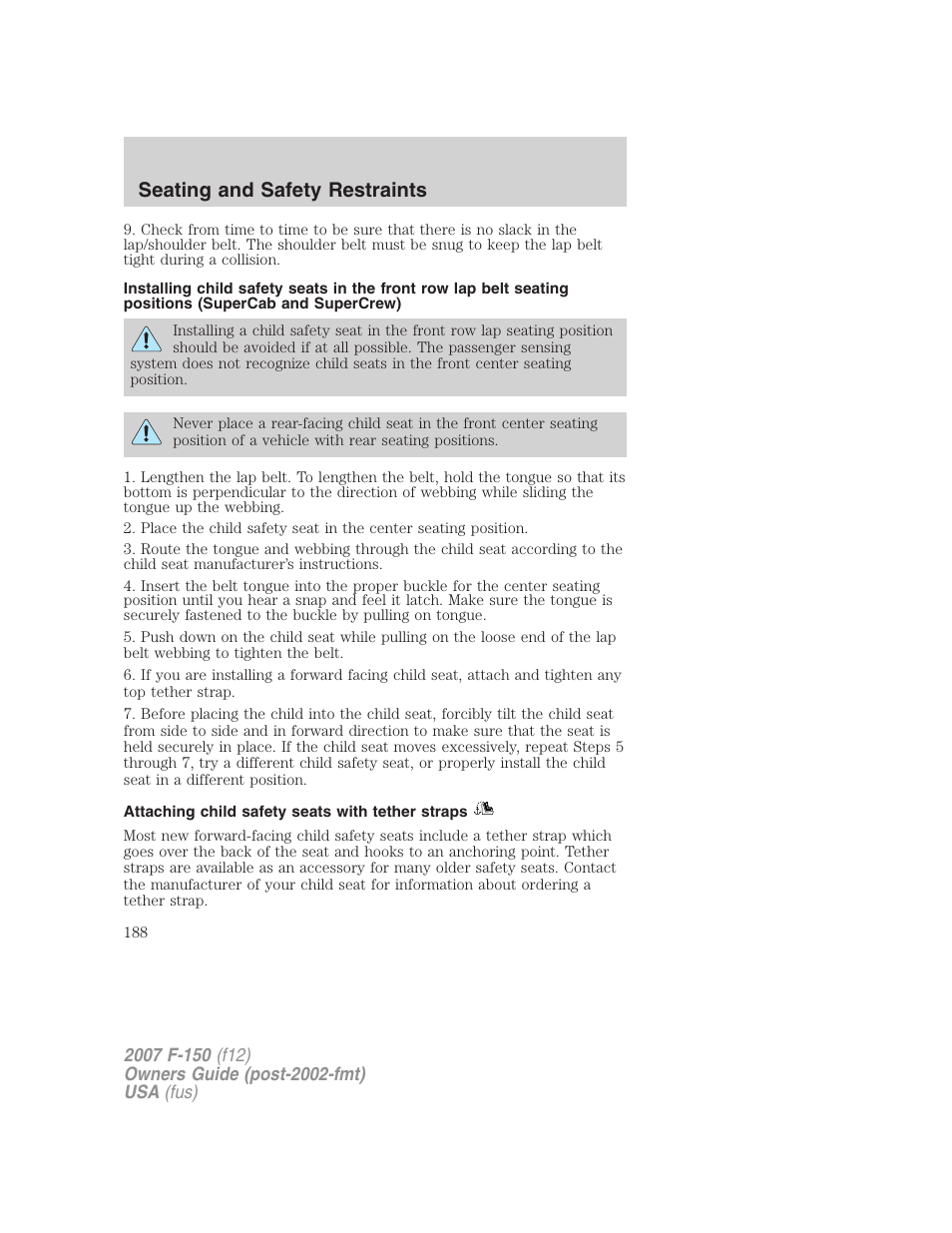 Attaching child safety seats with tether straps, Seating and safety restraints | FORD 2007 F-150 v.2 User Manual | Page 188 / 368