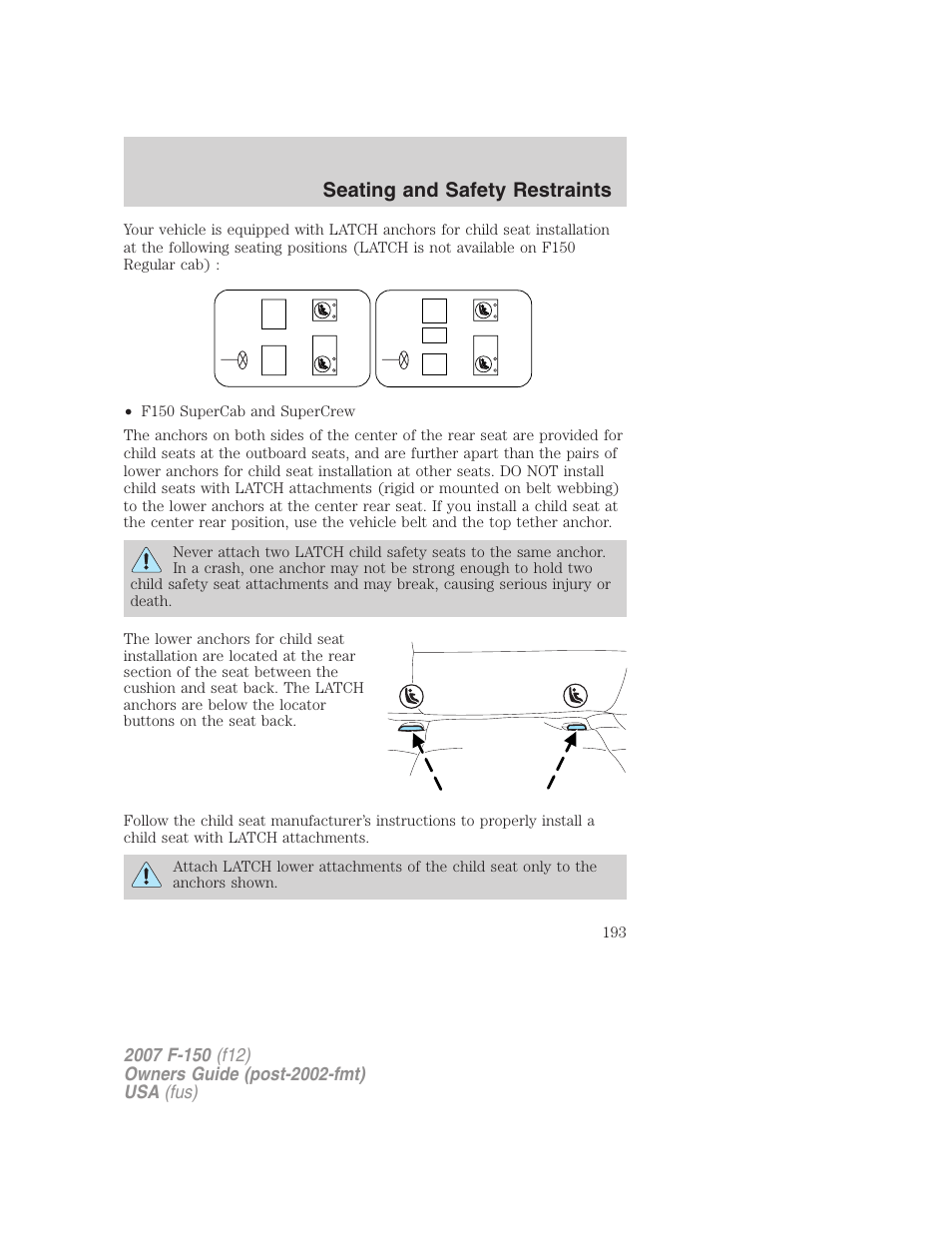 Seating and safety restraints | FORD 2007 F-150 v.2 User Manual | Page 193 / 368