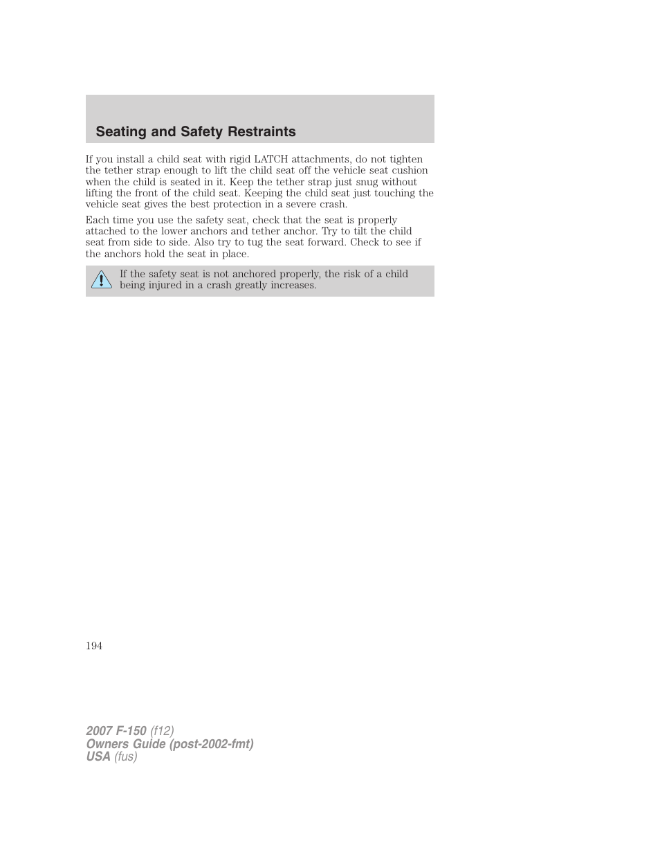 Seating and safety restraints | FORD 2007 F-150 v.2 User Manual | Page 194 / 368