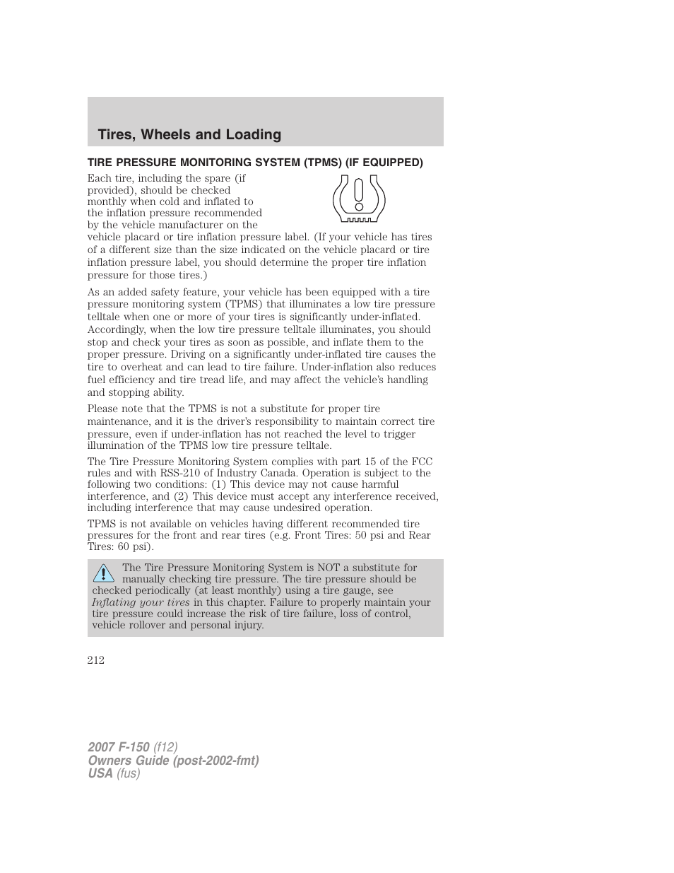 Tire pressure monitoring system (tpms), Tires, wheels and loading | FORD 2007 F-150 v.2 User Manual | Page 212 / 368