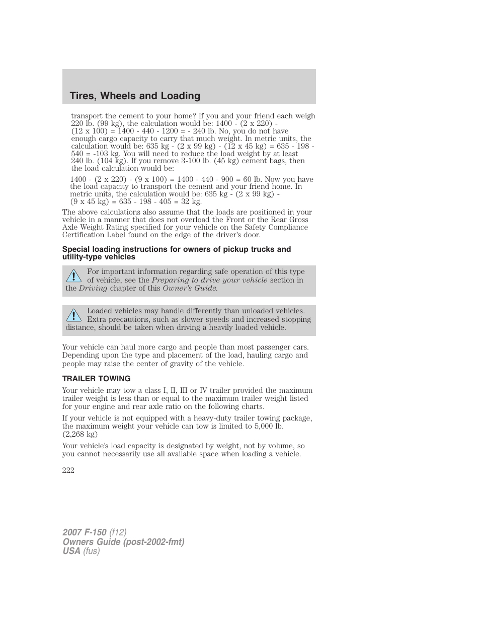 Trailer towing, Tires, wheels and loading | FORD 2007 F-150 v.2 User Manual | Page 222 / 368