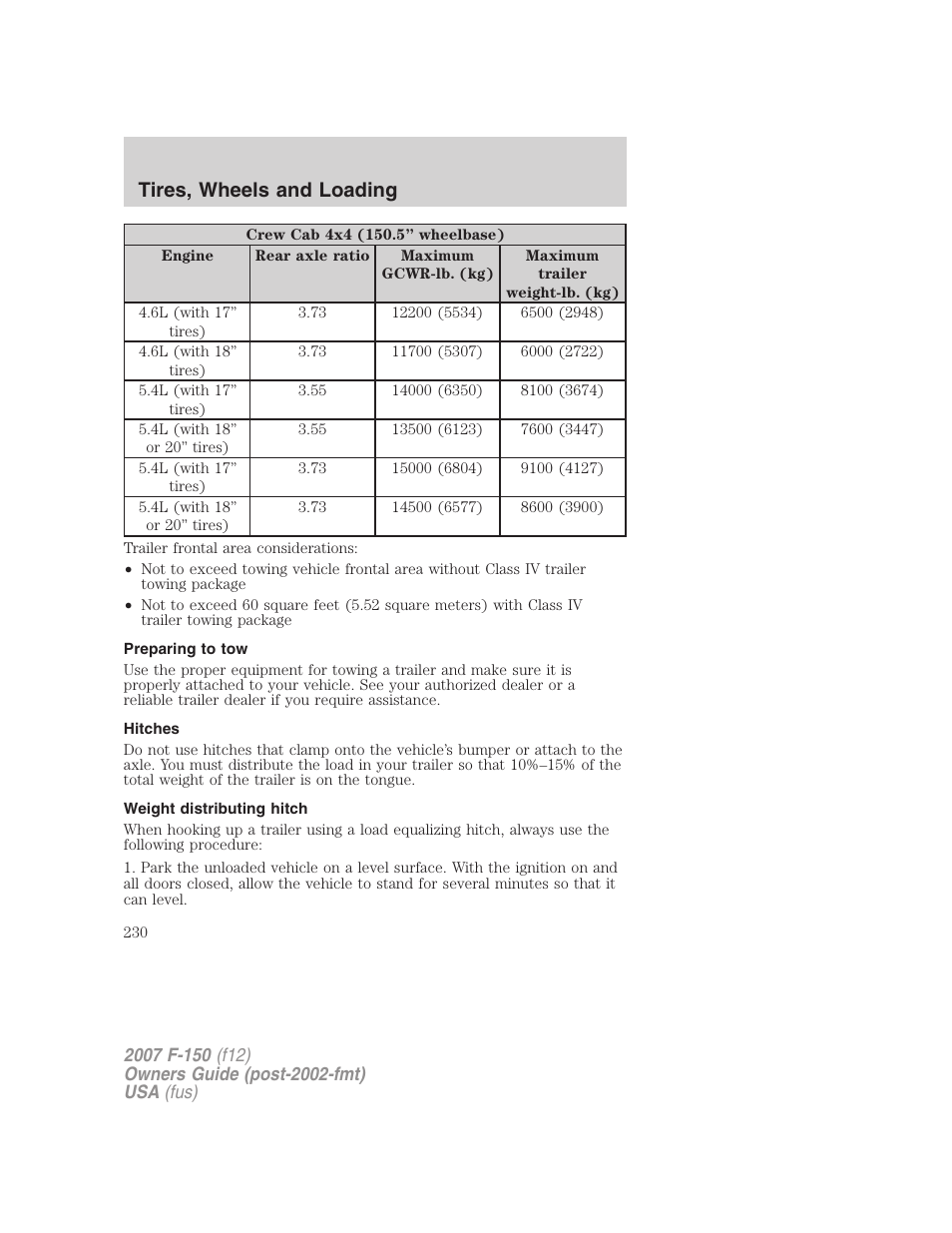 Preparing to tow, Hitches, Weight distributing hitch | Tires, wheels and loading | FORD 2007 F-150 v.2 User Manual | Page 230 / 368