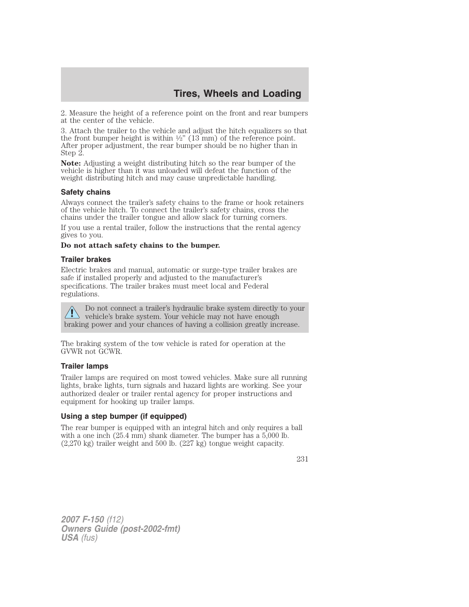 Safety chains, Trailer brakes, Trailer lamps | Using a step bumper (if equipped), Tires, wheels and loading | FORD 2007 F-150 v.2 User Manual | Page 231 / 368