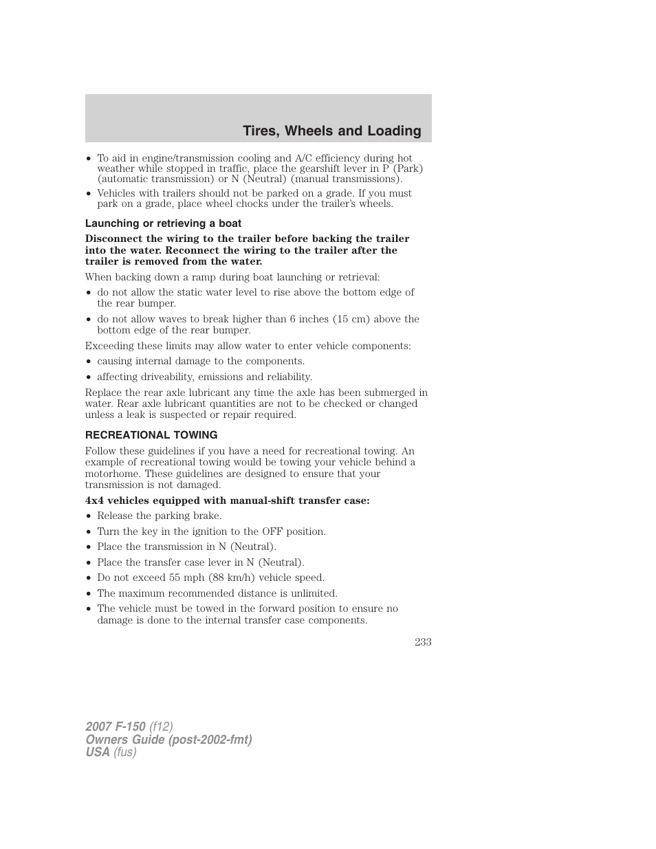 Launching or retrieving a boat, Recreational towing, Tires, wheels and loading | FORD 2007 F-150 v.2 User Manual | Page 233 / 368