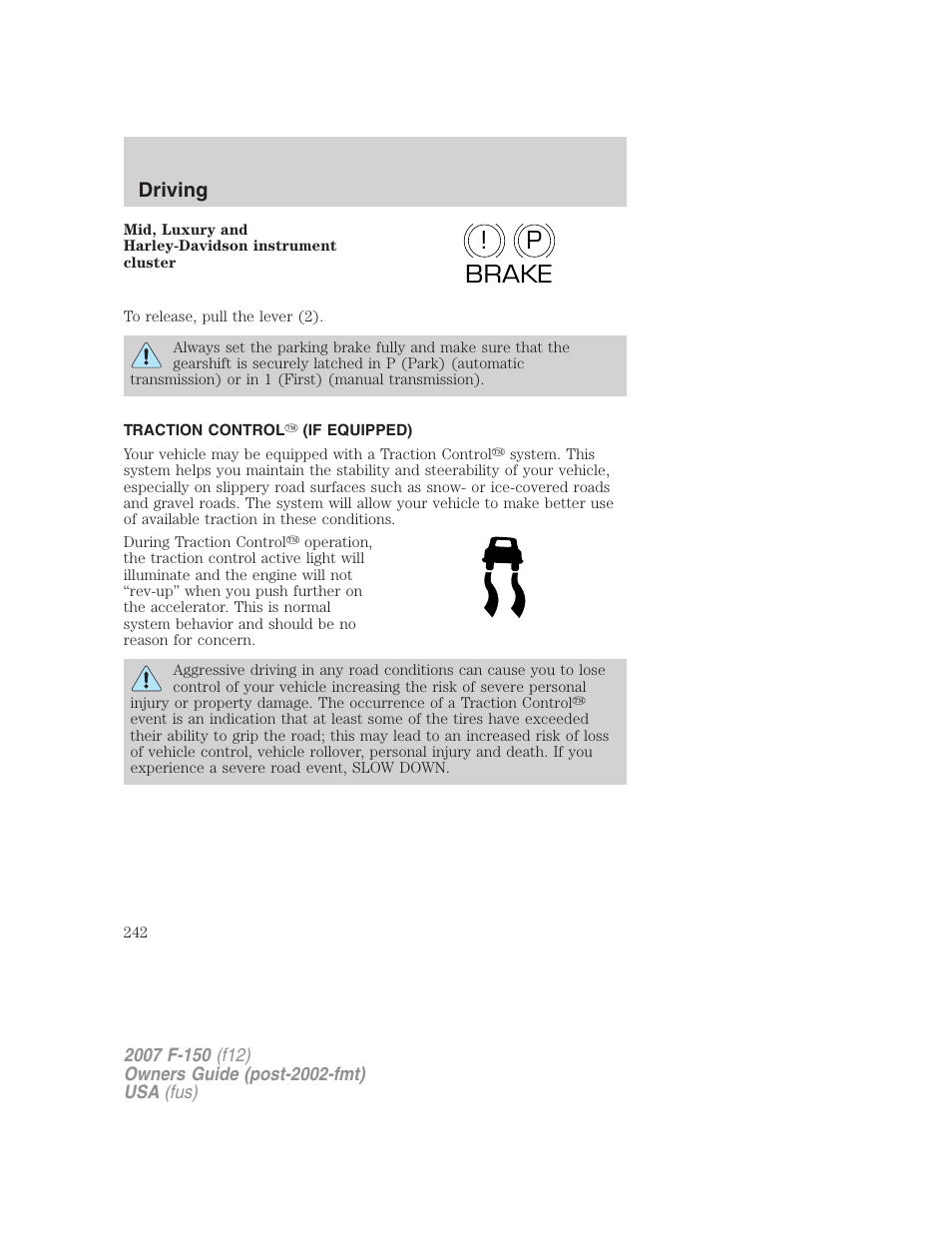 Traction control (if equipped), Traction control, P! brake | Driving | FORD 2007 F-150 v.2 User Manual | Page 242 / 368