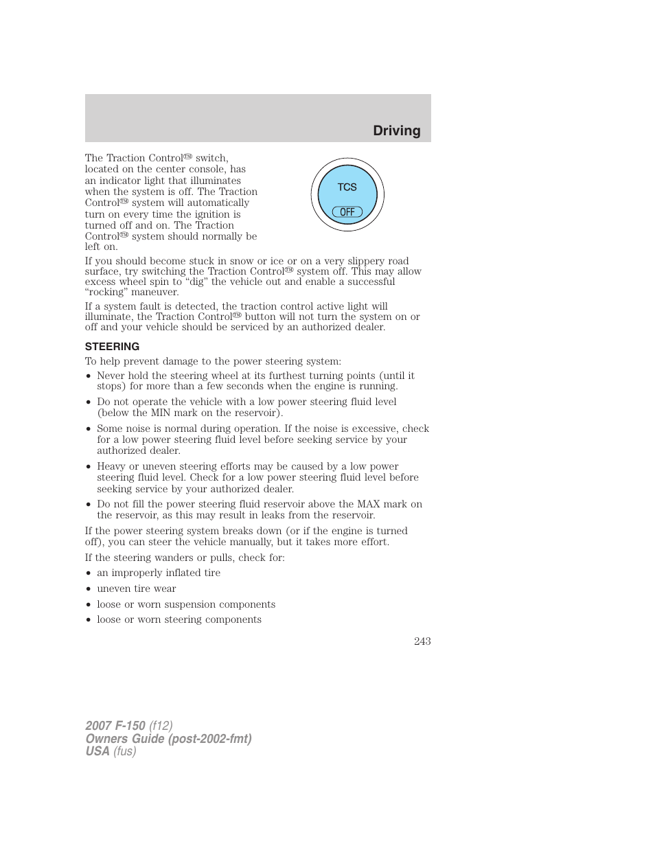 Steering, Driving | FORD 2007 F-150 v.2 User Manual | Page 243 / 368