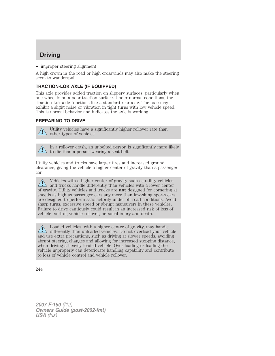 Traction-lok axle (if equipped), Preparing to drive, Driving | FORD 2007 F-150 v.2 User Manual | Page 244 / 368