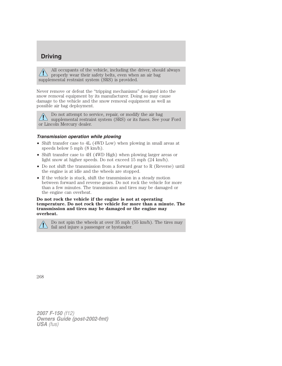 Transmission operation while plowing, Driving | FORD 2007 F-150 v.2 User Manual | Page 268 / 368