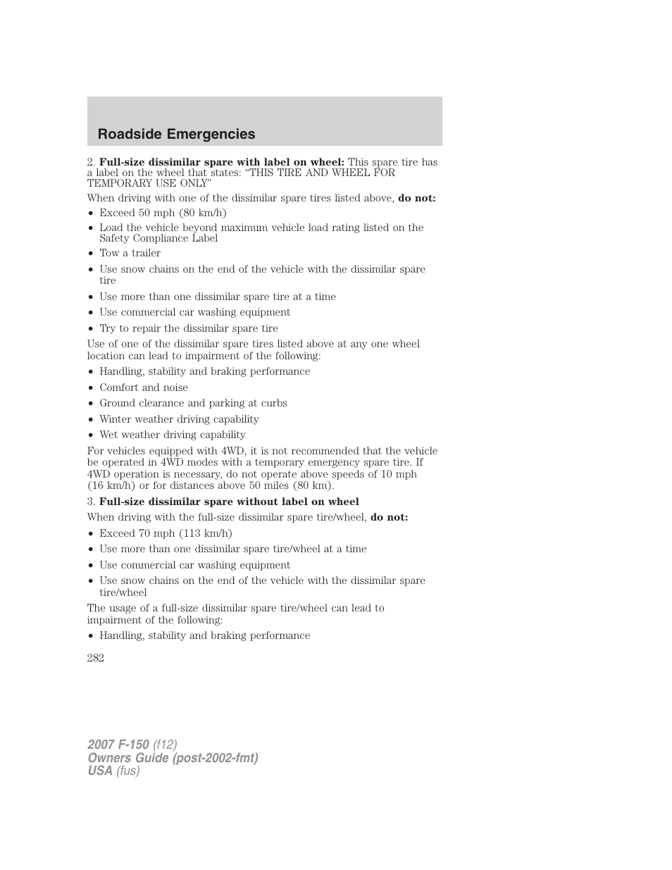 Roadside emergencies | FORD 2007 F-150 v.2 User Manual | Page 282 / 368