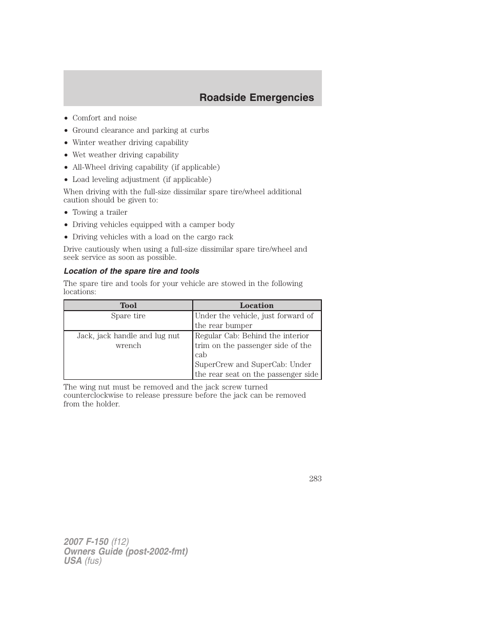 Location of the spare tire and tools, Roadside emergencies | FORD 2007 F-150 v.2 User Manual | Page 283 / 368