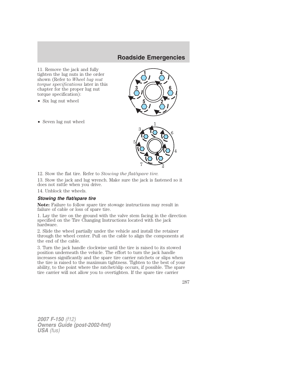 Stowing the flat/spare tire, Roadside emergencies | FORD 2007 F-150 v.2 User Manual | Page 287 / 368