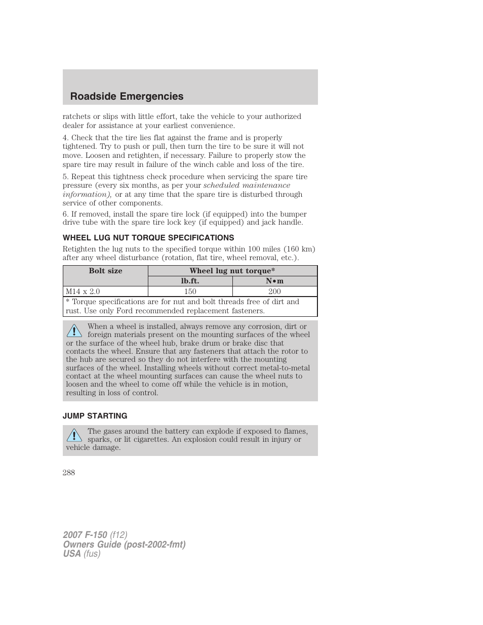 Wheel lug nut torque specifications, Jump starting, Lug nut torque | Roadside emergencies | FORD 2007 F-150 v.2 User Manual | Page 288 / 368