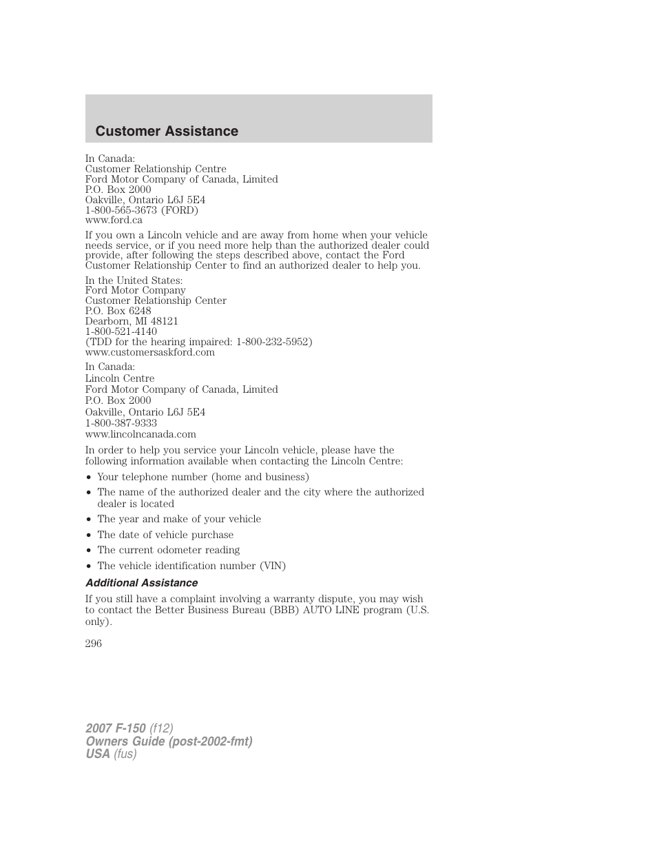 Additional assistance, Customer assistance | FORD 2007 F-150 v.2 User Manual | Page 296 / 368