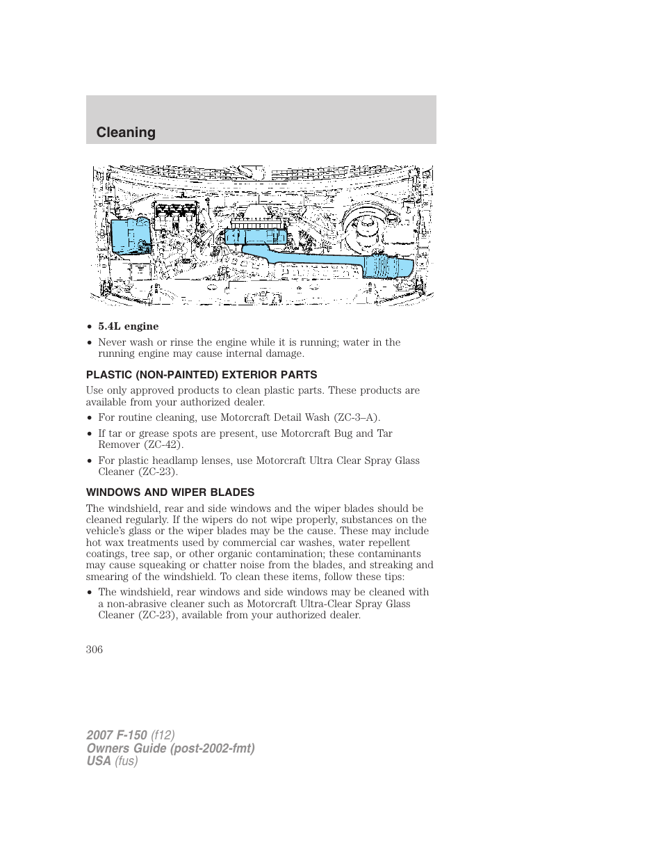 Plastic (non-painted) exterior parts, Windows and wiper blades, Cleaning | FORD 2007 F-150 v.2 User Manual | Page 306 / 368