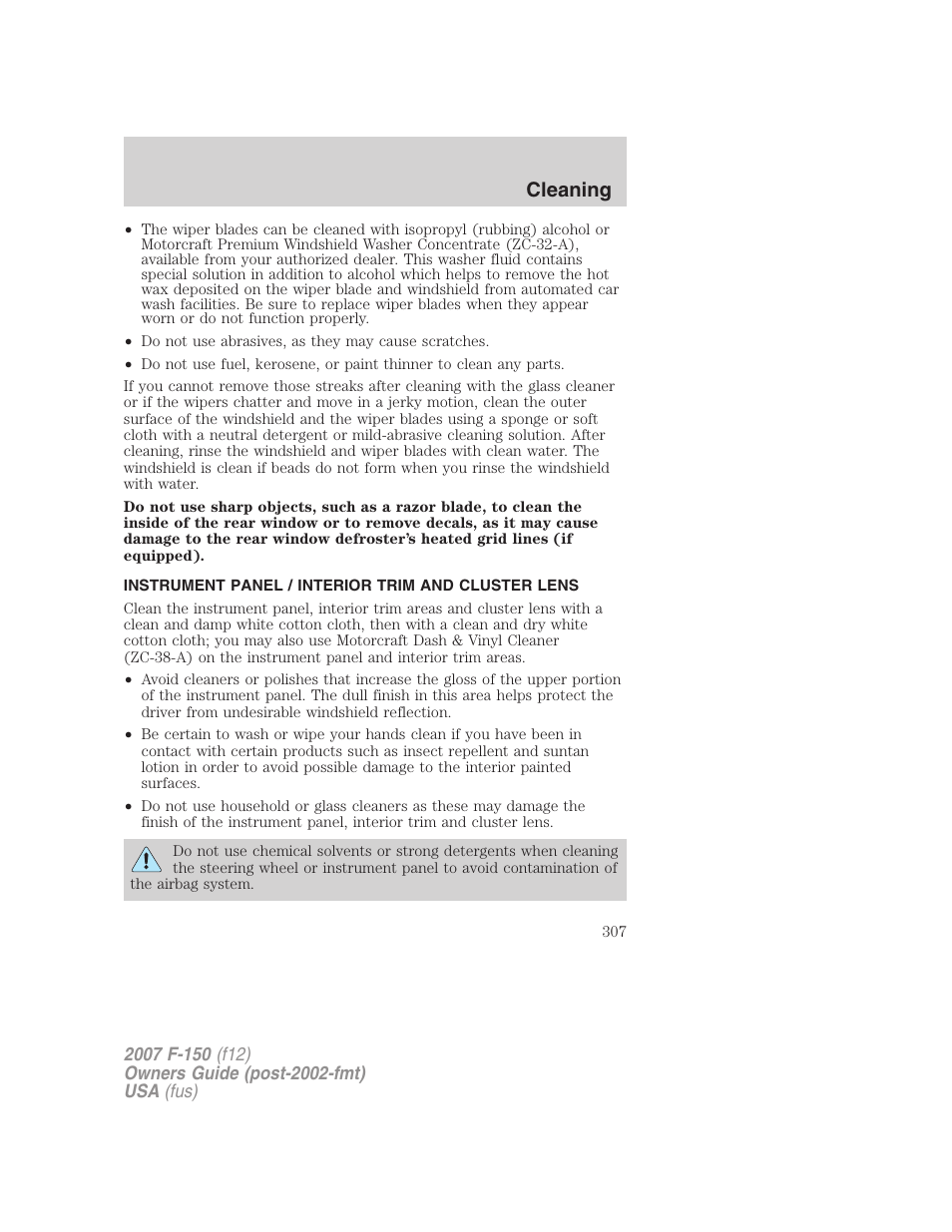 Instrument panel / interior trim and cluster lens, Cleaning | FORD 2007 F-150 v.2 User Manual | Page 307 / 368