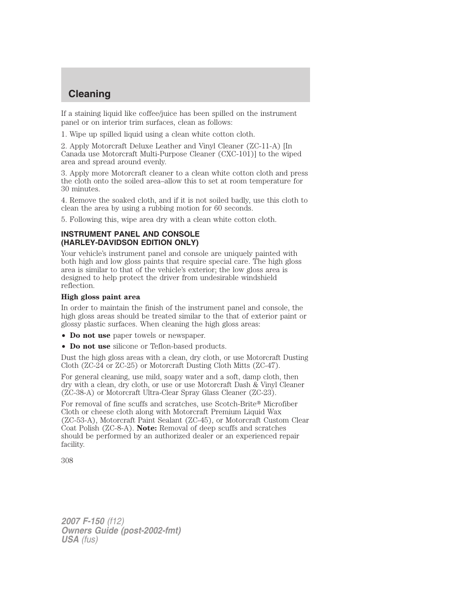 Cleaning | FORD 2007 F-150 v.2 User Manual | Page 308 / 368